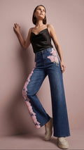 Women’s Blue Denim Floral Embroidered Wide Leg Jeans
