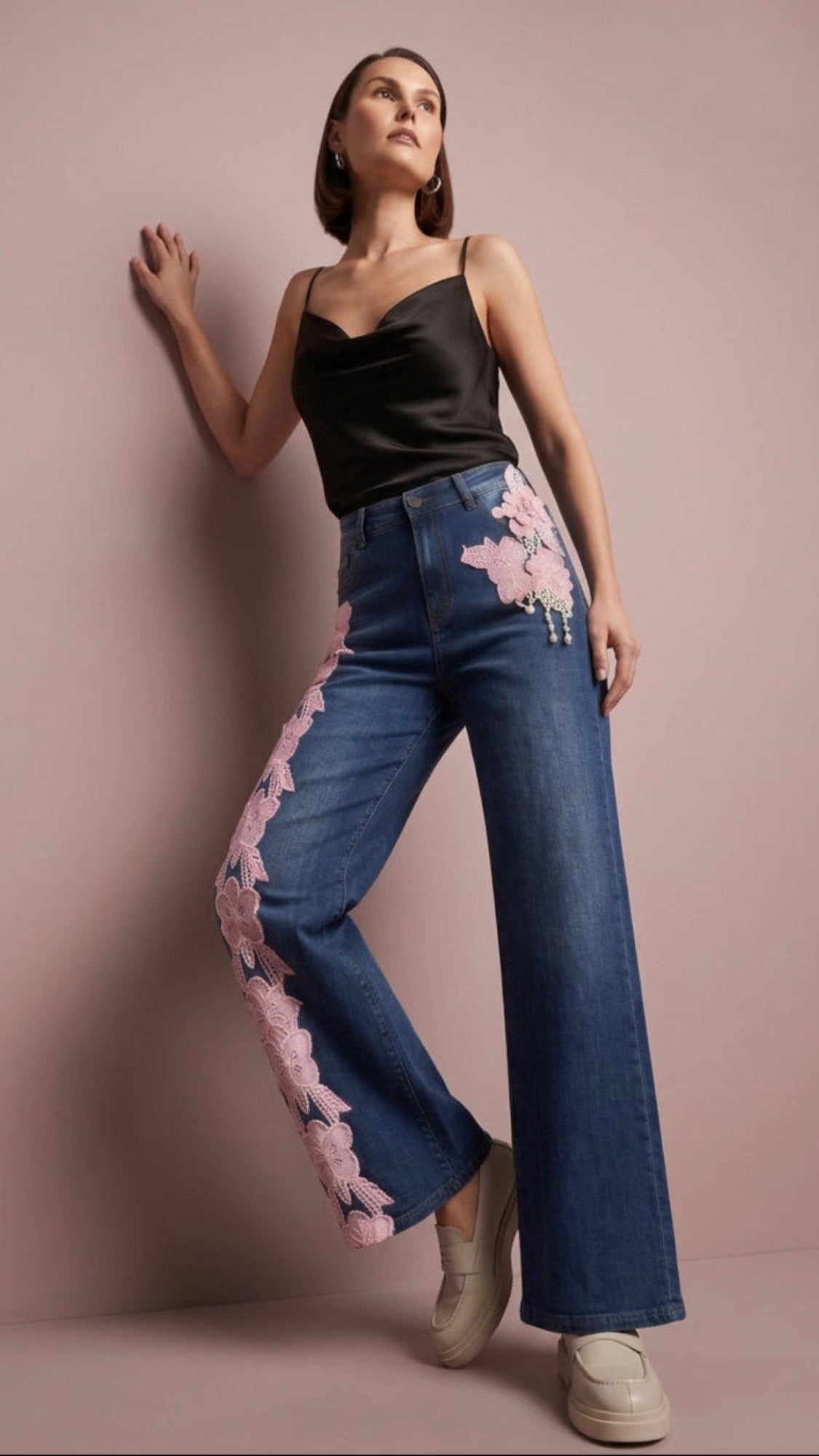 Women’s Blue Denim Floral Embroidered Wide Leg Jeans