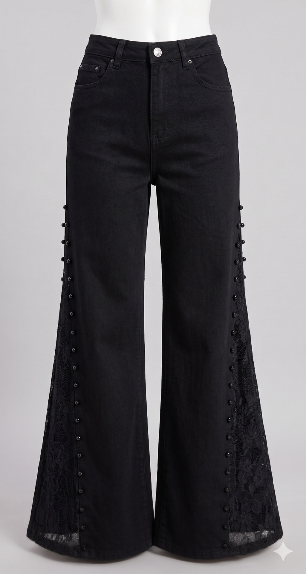 Black Lace Panel Wide-Leg Jeans – High Waist Pearl Detail Denim Pants