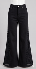 Black Lace Panel Wide-Leg Jeans – High Waist Pearl Detail Denim Pants