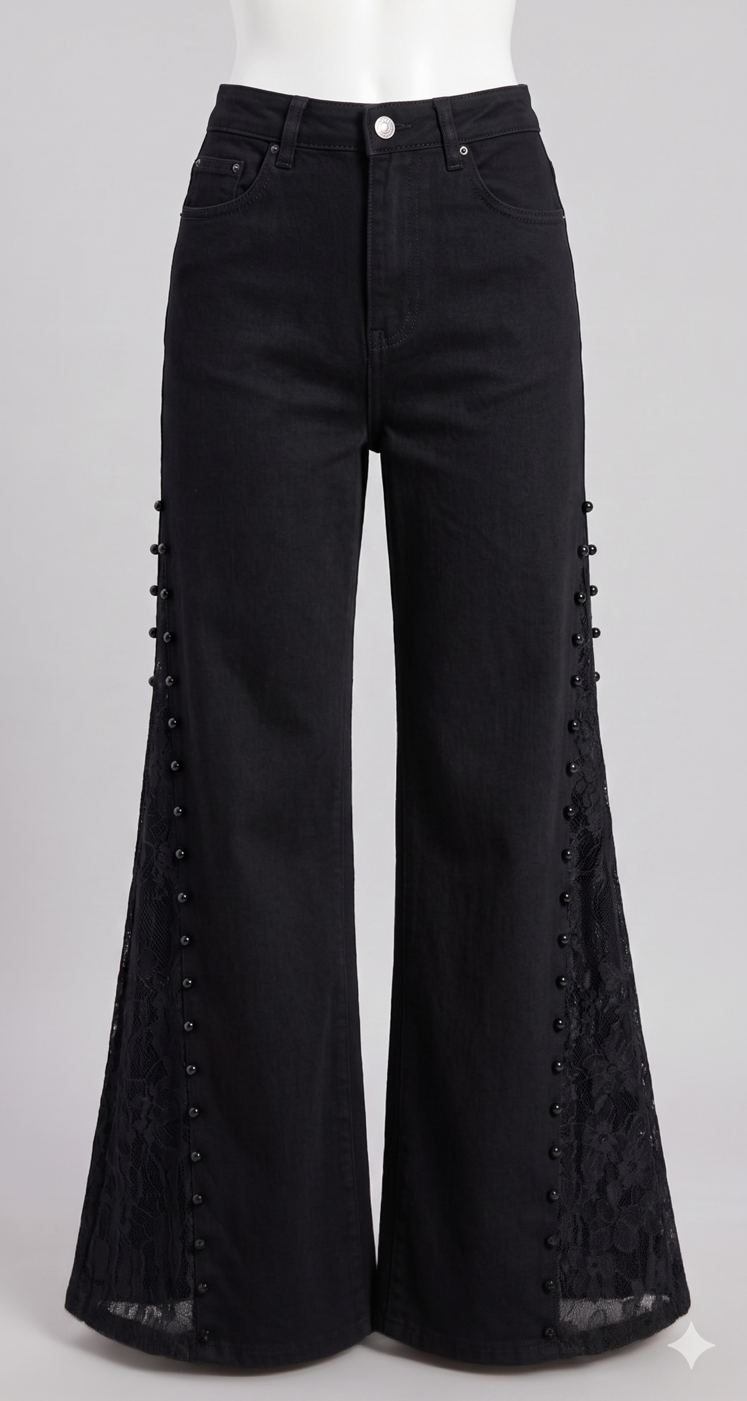 Black Lace Panel Wide-Leg Jeans – High Waist Pearl Detail Denim Pants