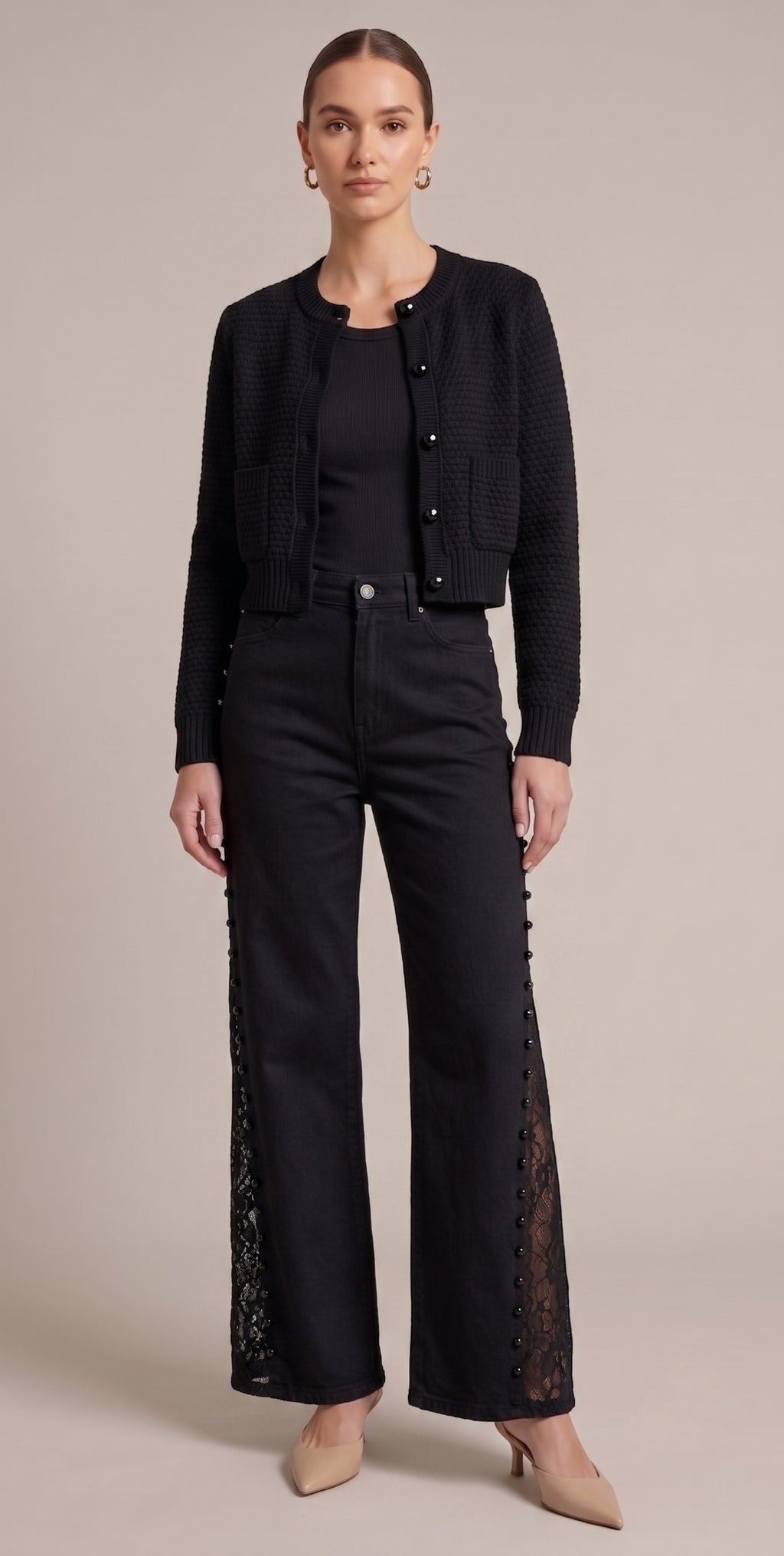 Black Lace Panel Wide-Leg Jeans – High Waist Pearl Detail Denim Pants