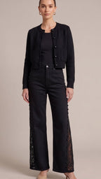 Black Lace Panel Wide-Leg Jeans – High Waist Pearl Detail Denim Pants
