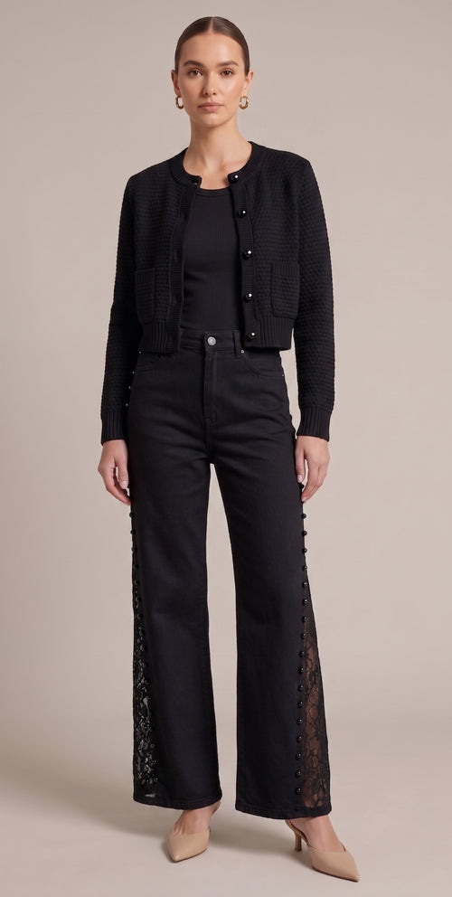 Black Lace Panel Wide-Leg Jeans – High Waist Pearl Detail Denim Pants