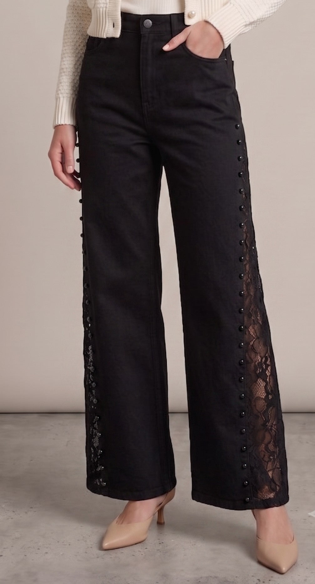 Black Lace Panel Wide-Leg Jeans – High Waist Pearl Detail Denim Pants