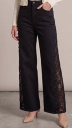 Black Lace Panel Wide-Leg Jeans – High Waist Pearl Detail Denim Pants