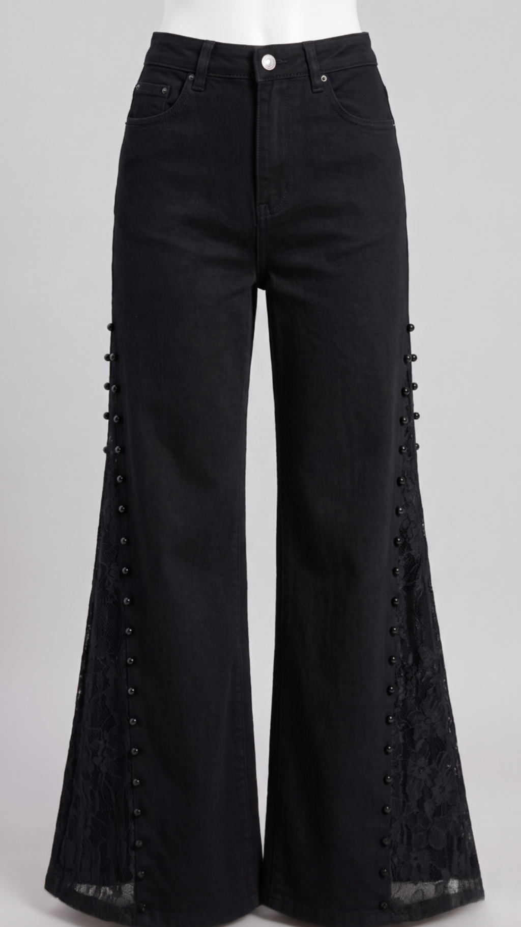 Black Lace Panel Wide-Leg Jeans – High Waist Pearl Detail Denim Pants