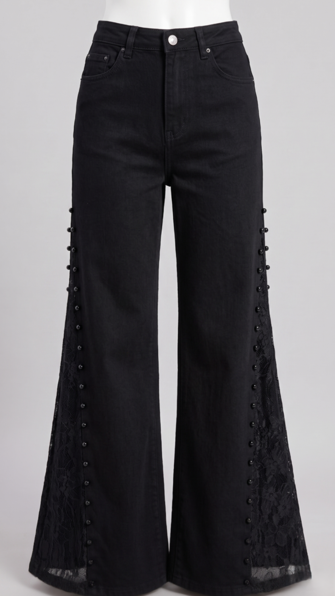 Black Lace Panel Wide-Leg Jeans – High Waist Pearl Detail Denim Pants