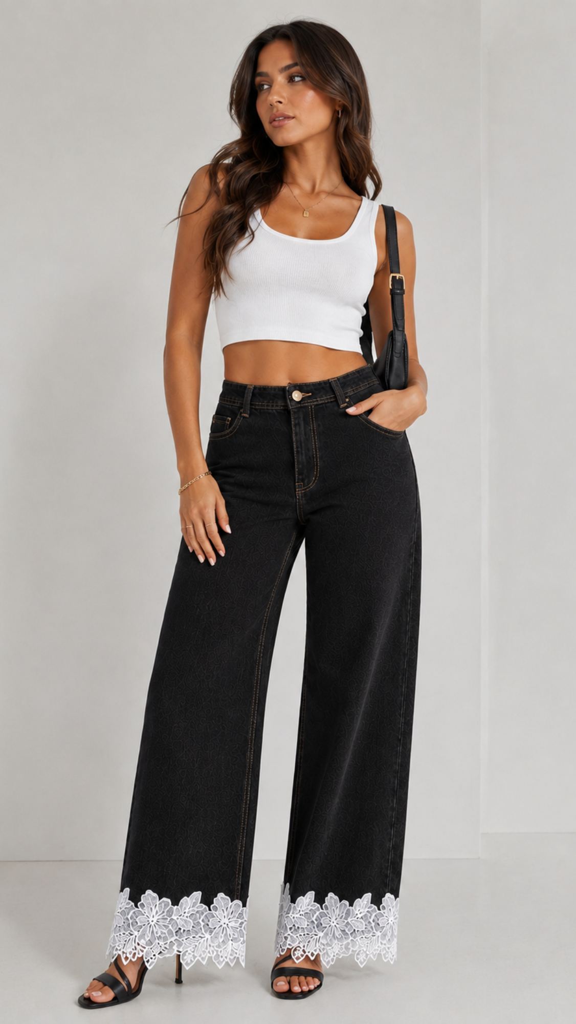 Women’s Black Bottom Design Wide Leg Denim Jeans with Lace