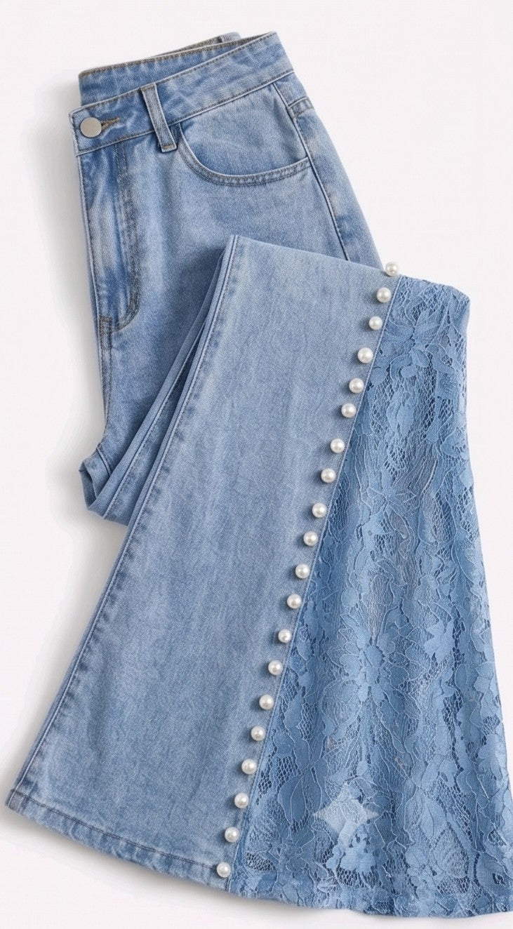 Light Wash Pearl & Lace Wide-Leg Jeans – High Waist Statement Denim Pants