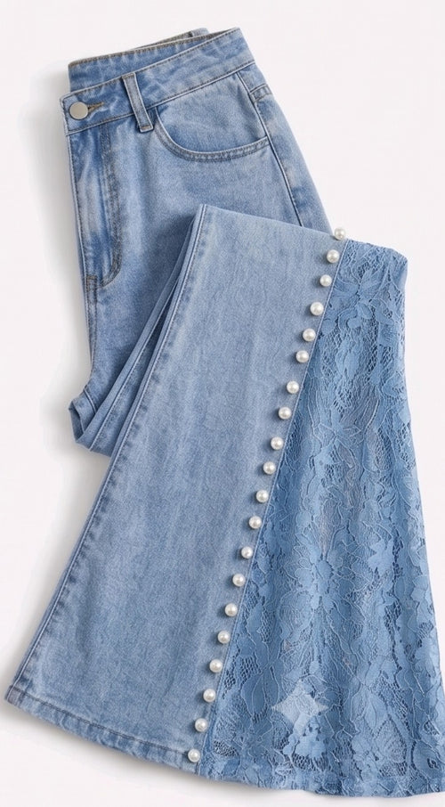 Light Wash Pearl & Lace Wide-Leg Jeans – High Waist Statement Denim Pants