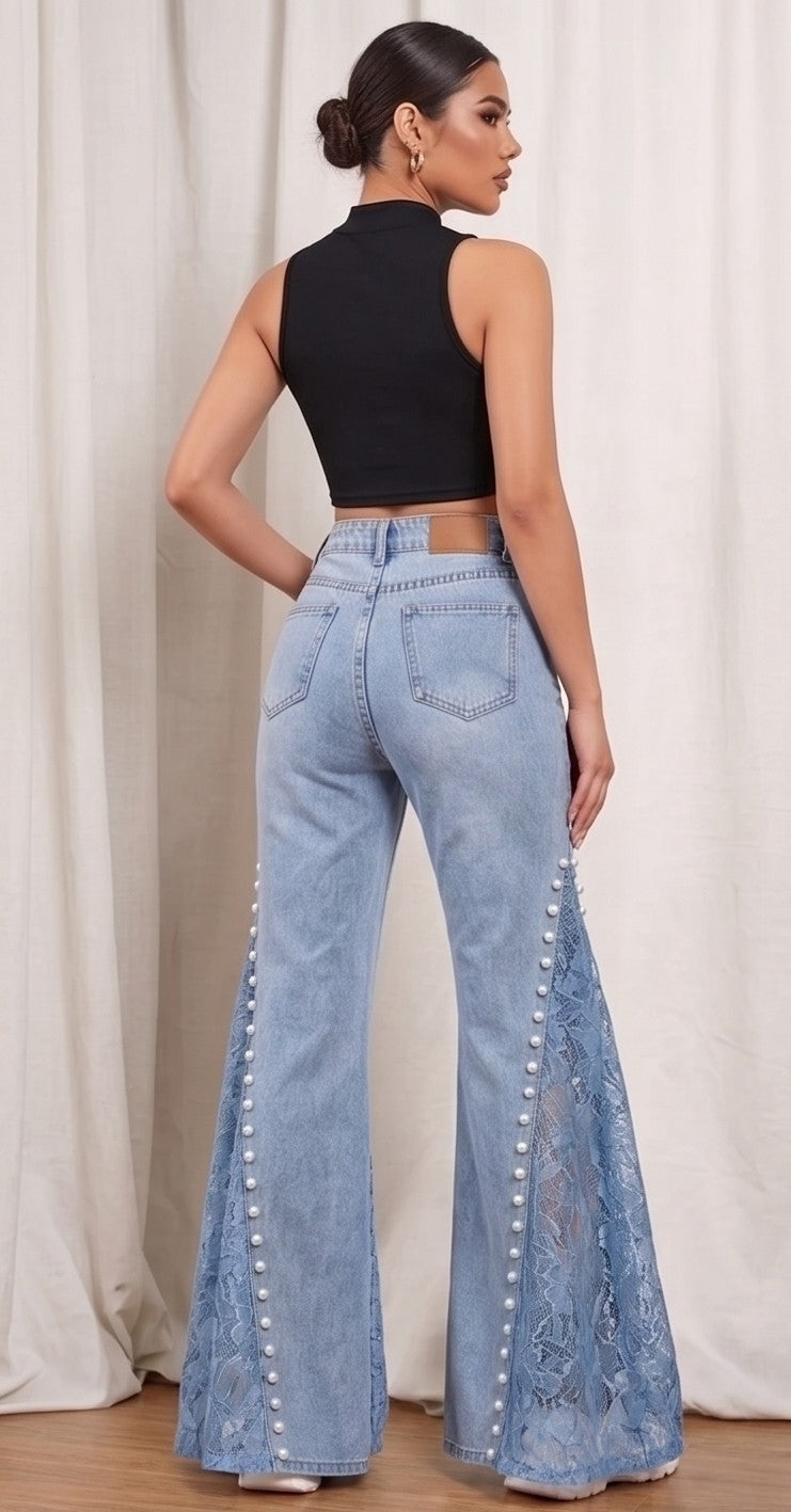 Light Wash Pearl & Lace Wide-Leg Jeans – High Waist Statement Denim Pants