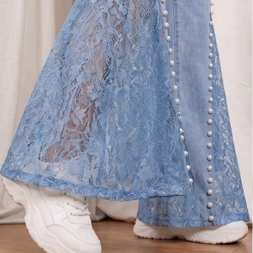 Light Wash Pearl & Lace Wide-Leg Jeans – High Waist Statement Denim Pants