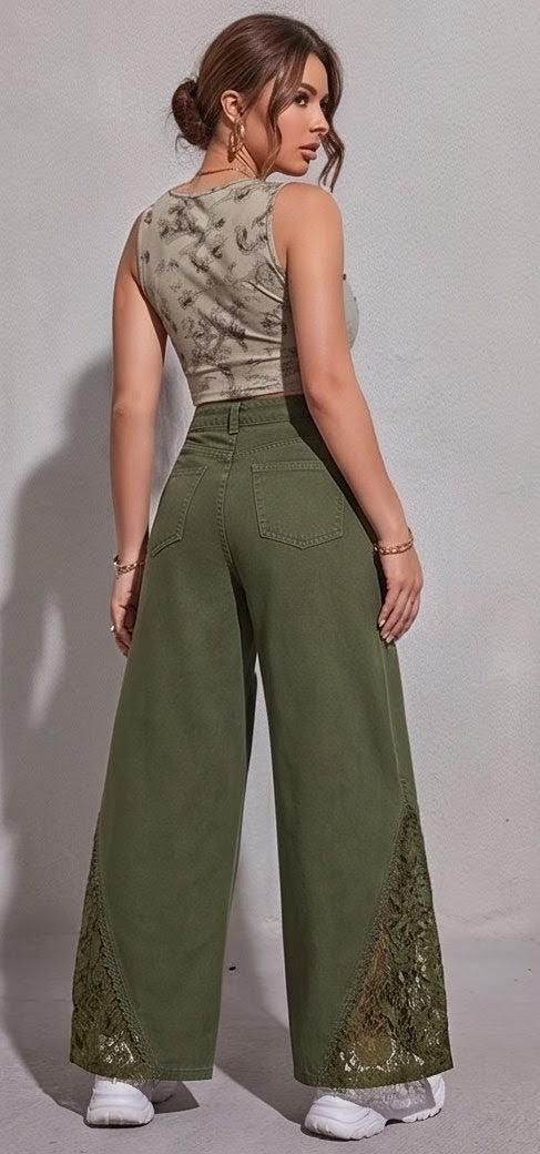 Olive Green Wide-Leg Lace Panel Jeans – High Waist Statement Denim