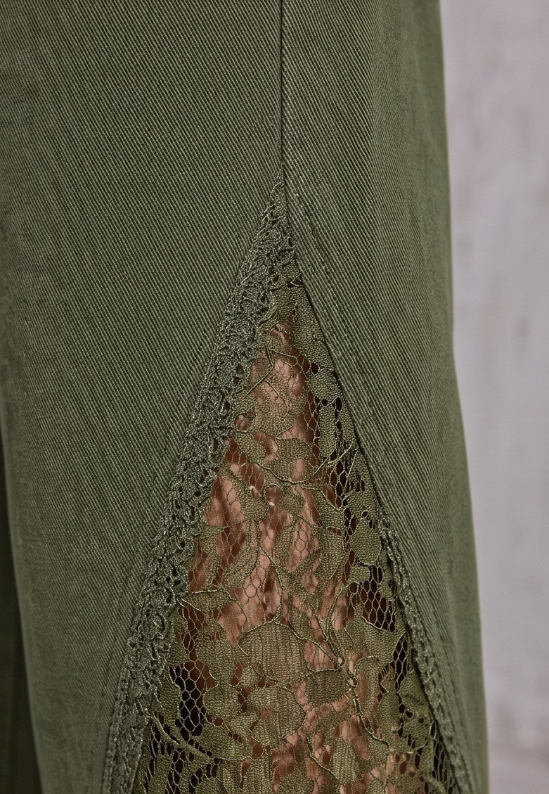 Olive Green Wide-Leg Lace Panel Jeans – High Waist Statement Denim