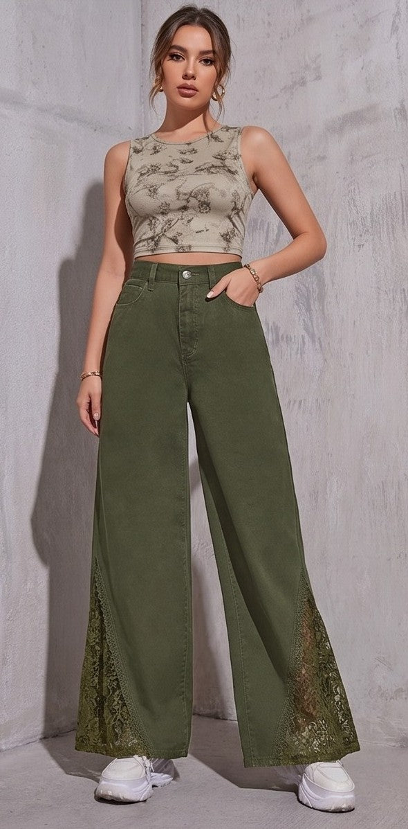 Olive Green Wide-Leg Lace Panel Jeans – High Waist Statement Denim