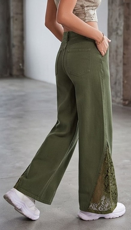 Olive Green Wide-Leg Lace Panel Jeans – High Waist Statement Denim