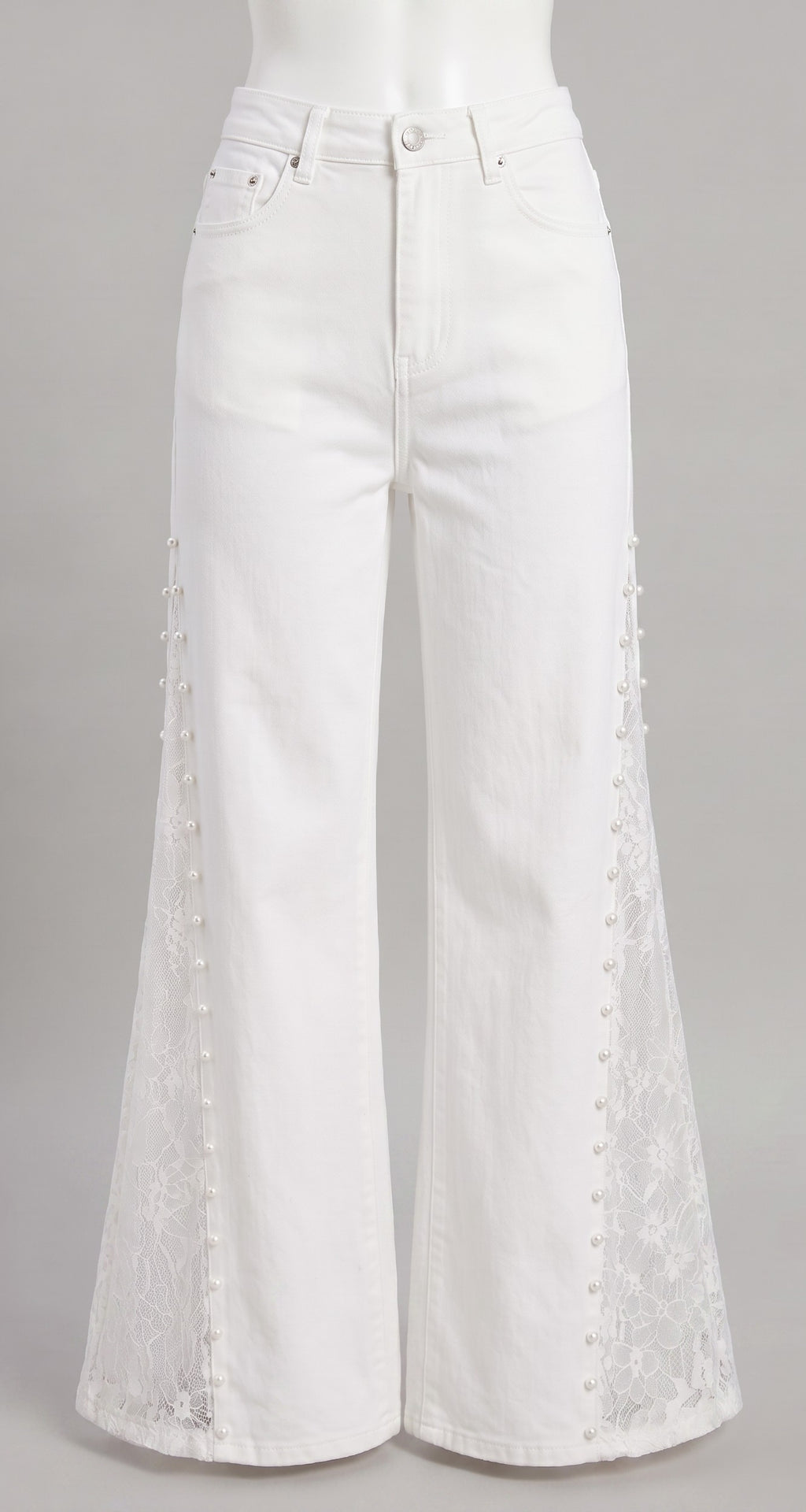 White Pearl Trim Lace Panel Wide-Leg Jeans – High Waist Elegant Denim Pants