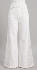 White Pearl Trim Lace Panel Wide-Leg Jeans – High Waist Elegant Denim Pants