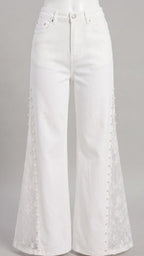 White Pearl Trim Lace Panel Wide-Leg Jeans – High Waist Elegant Denim Pants