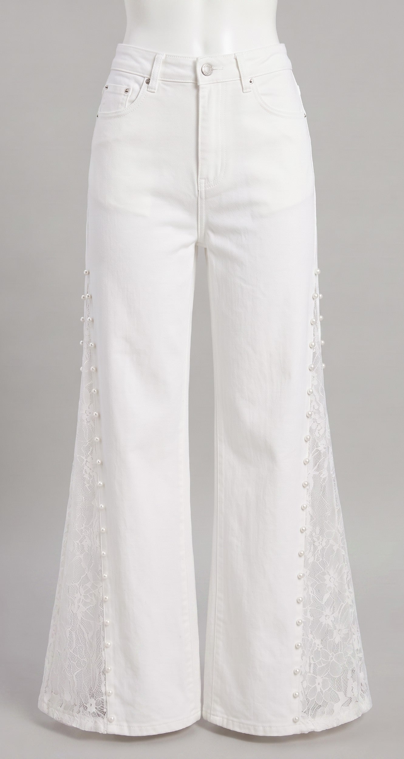 White Pearl Trim Lace Panel Wide-Leg Jeans – High Waist Elegant Denim Pants
