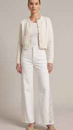 White Pearl Trim Lace Panel Wide-Leg Jeans – High Waist Elegant Denim Pants