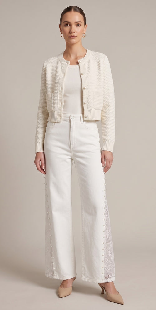 White Pearl Trim Lace Panel Wide-Leg Jeans – High Waist Elegant Denim Pants