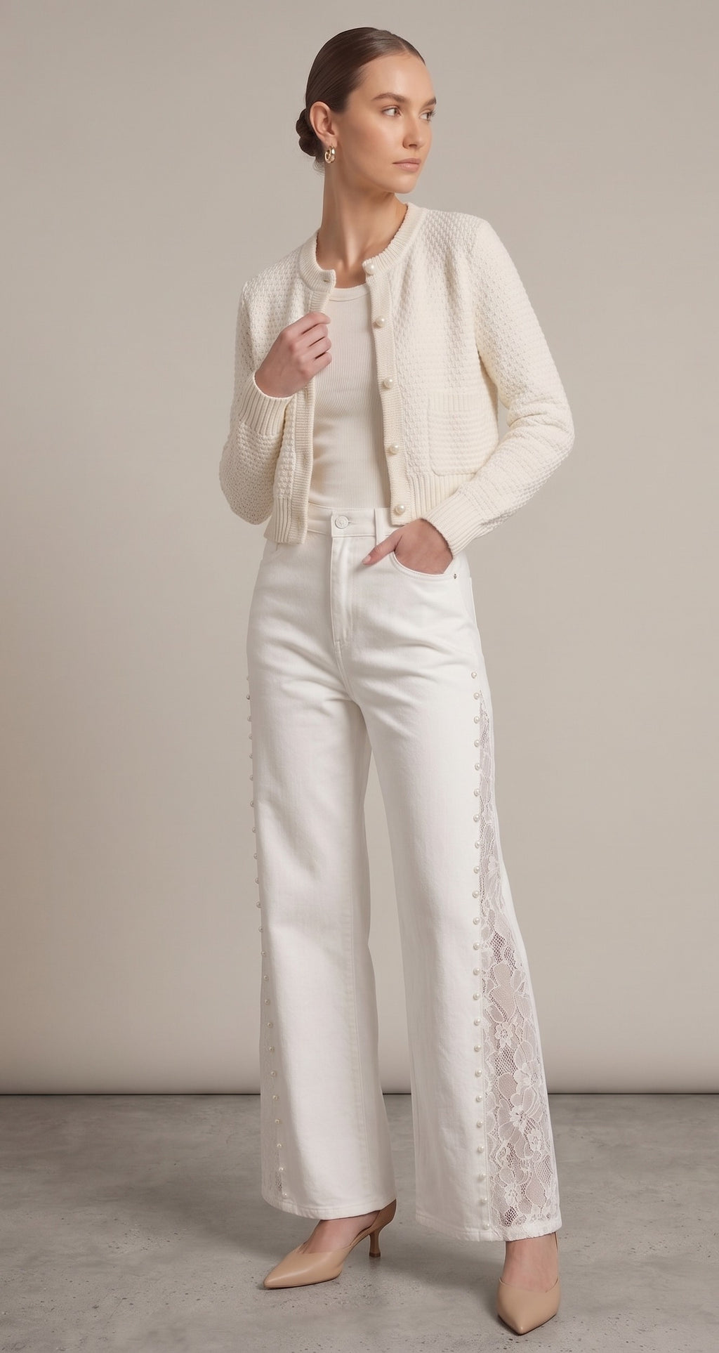 White Pearl Trim Lace Panel Wide-Leg Jeans – High Waist Elegant Denim Pants