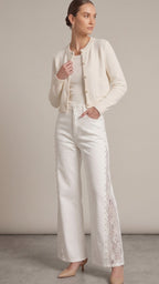 White Pearl Trim Lace Panel Wide-Leg Jeans – High Waist Elegant Denim Pants
