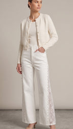 White Pearl Trim Lace Panel Wide-Leg Jeans – High Waist Elegant Denim Pants