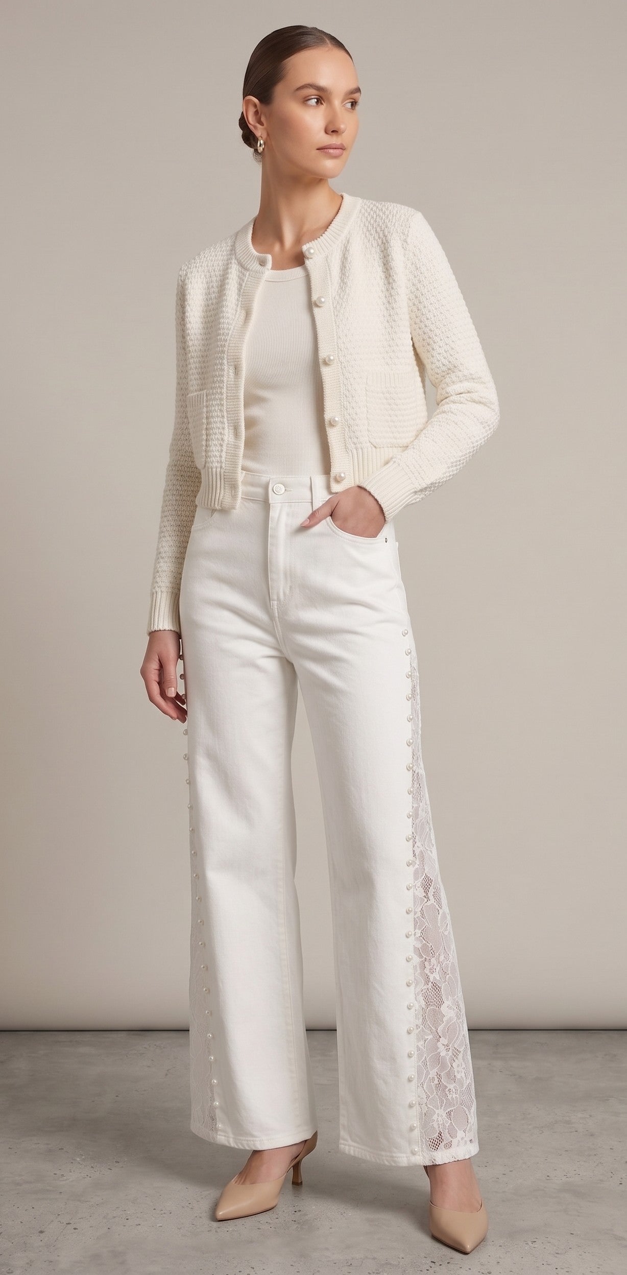 White Pearl Trim Lace Panel Wide-Leg Jeans – High Waist Elegant Denim Pants