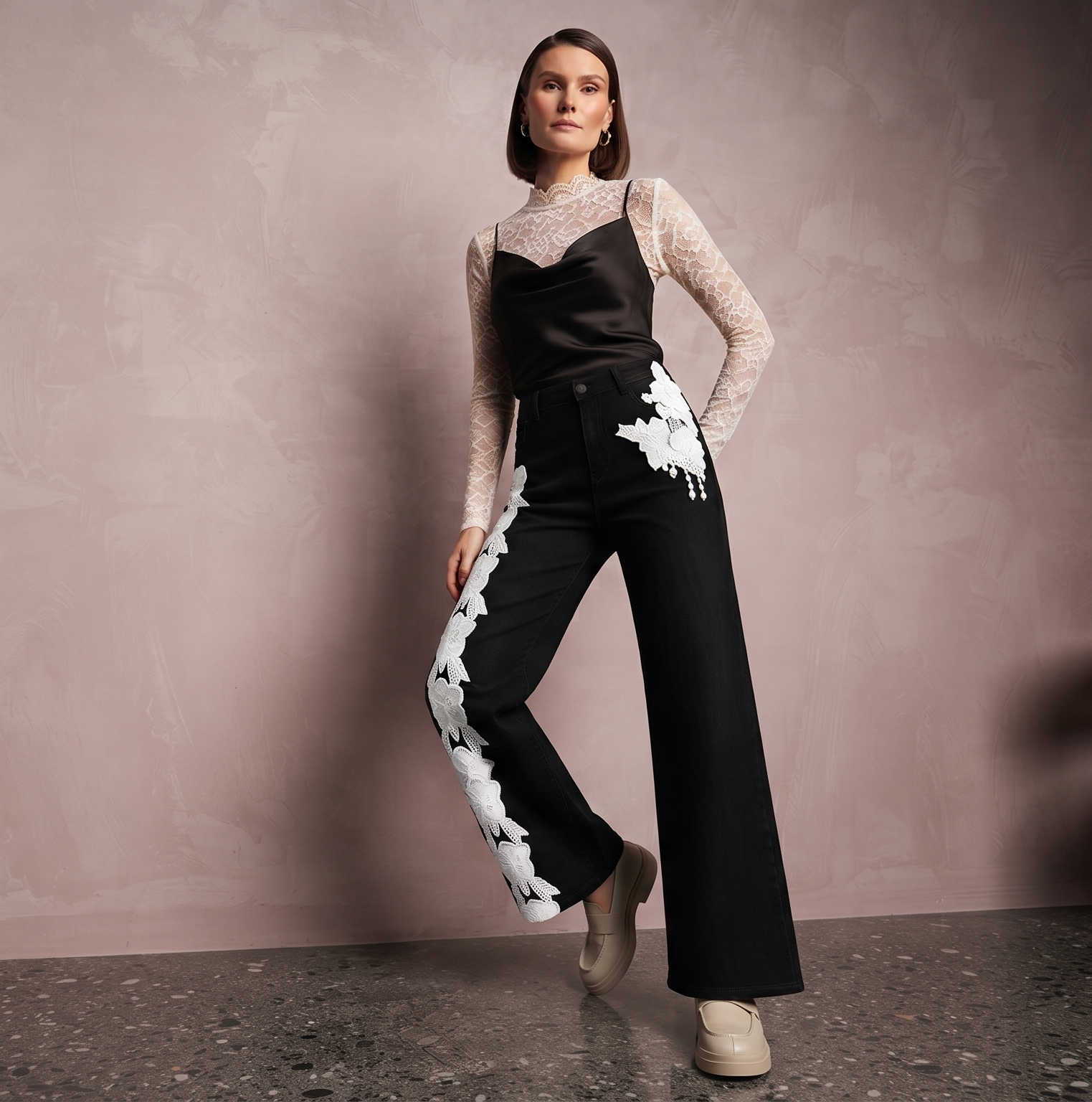 Women’s Black Denim Floral Embroidered Wide Leg Jeans