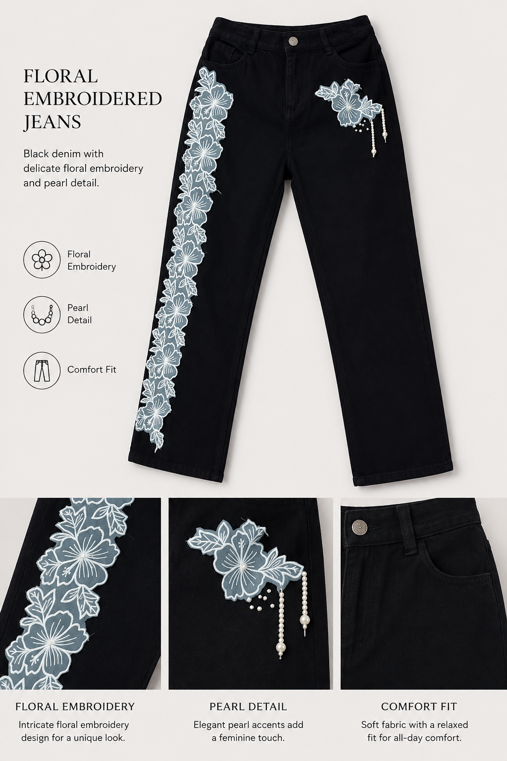 Women’s Black Denim Floral Embroidered Wide Leg Jeans