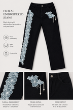 Women’s Black Denim Floral Embroidered Wide Leg Jeans