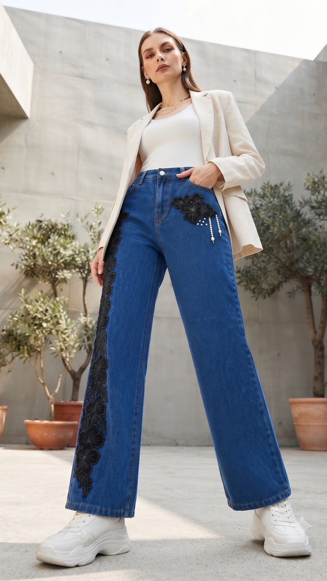 Women’s Blue Denim Floral Embroidered Wide Leg Jeans