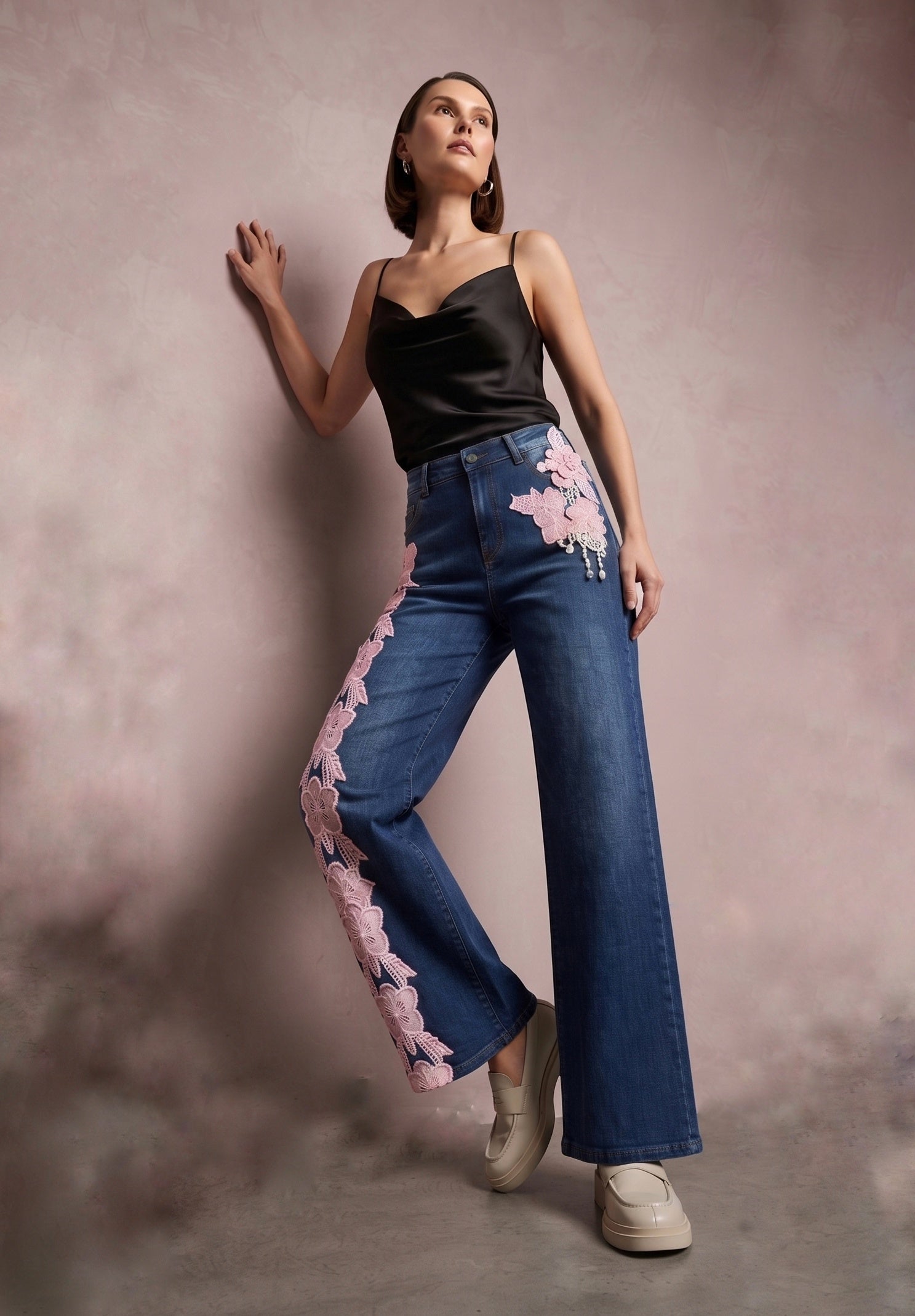 Women’s Blue Denim Floral Embroidered Wide Leg Jeans