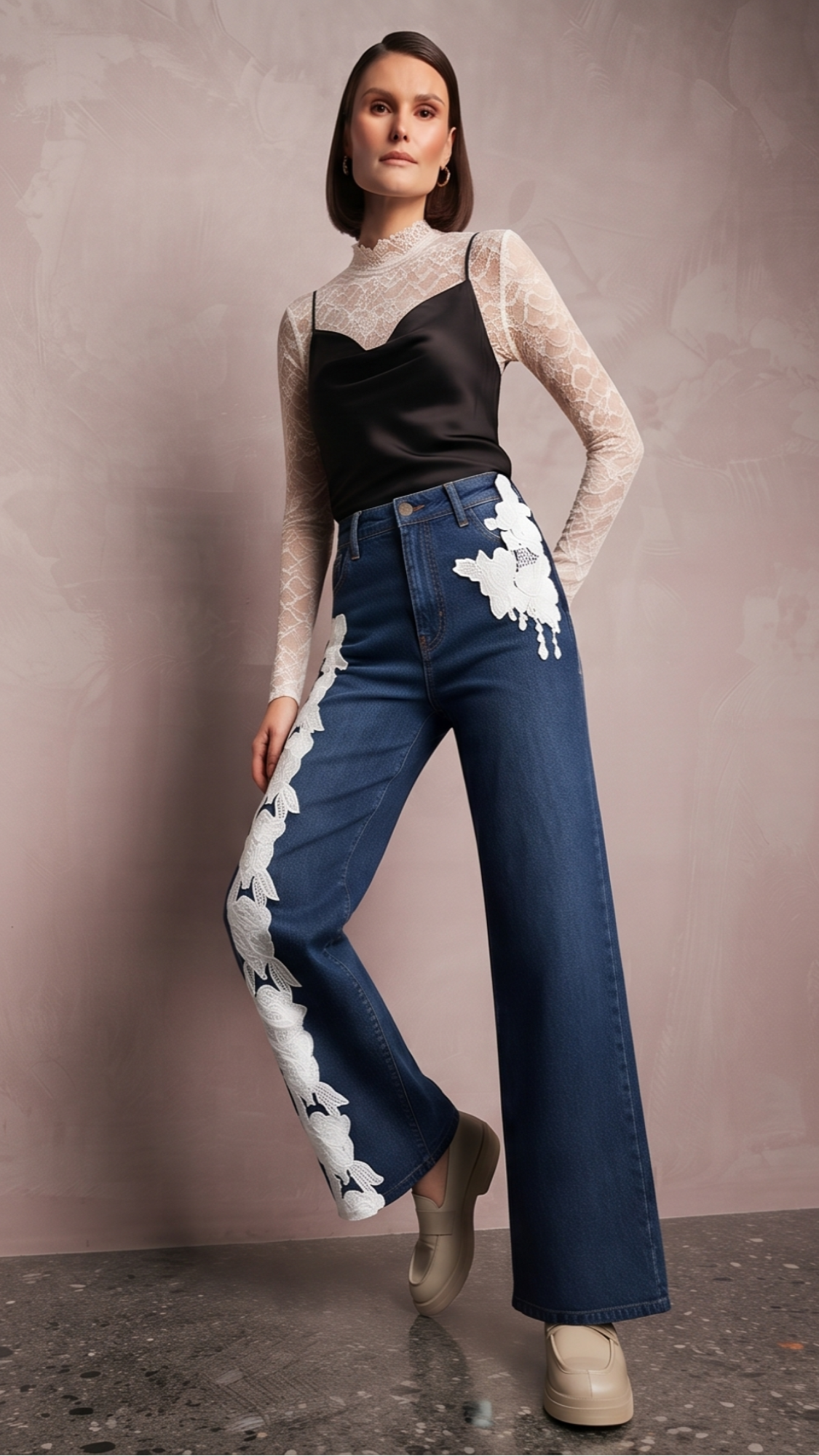 Women’s Blue Denim Floral Embroidered Wide Leg Jeans