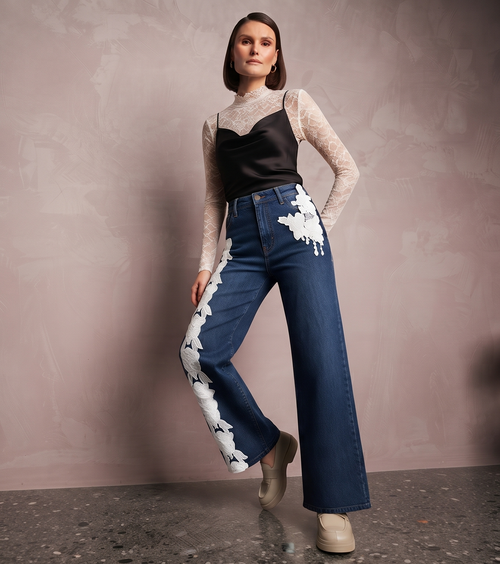Women’s Blue Denim Floral Embroidered Wide Leg Jeans