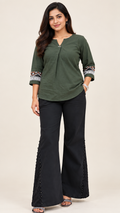 Women’s Black Wide Leg Beaded Net Panel Jeans –With  Inner Fabric Lining (Astar)