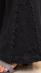 Women’s Black Wide Leg Beaded Net Panel Jeans –With  Inner Fabric Lining (Astar)