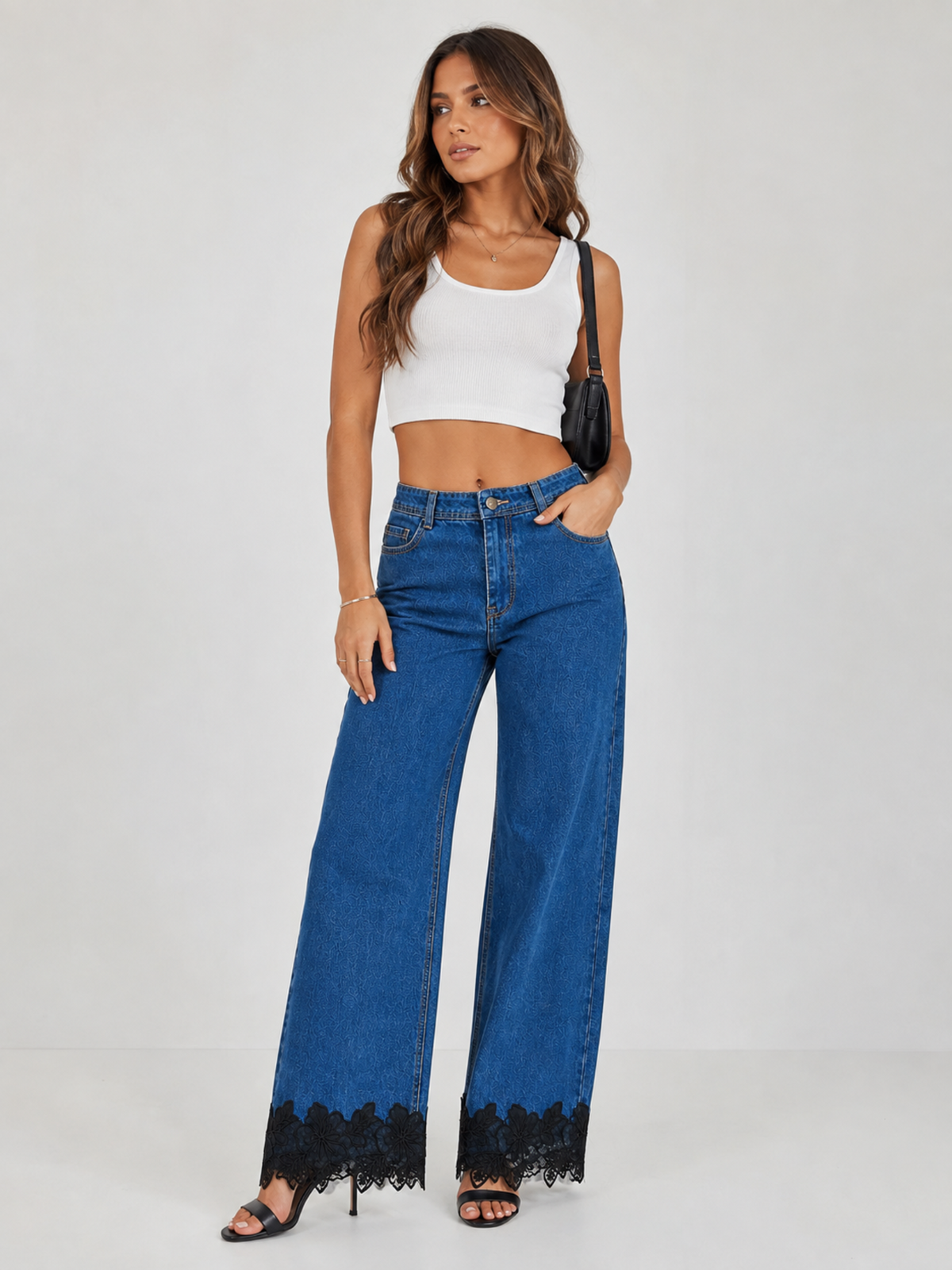 Women’s Blue Bottom Design Wide Leg Denim Jeans with Lace