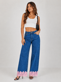 Women’s Blue Bottom Design Wide Leg Denim Jeans with Lace