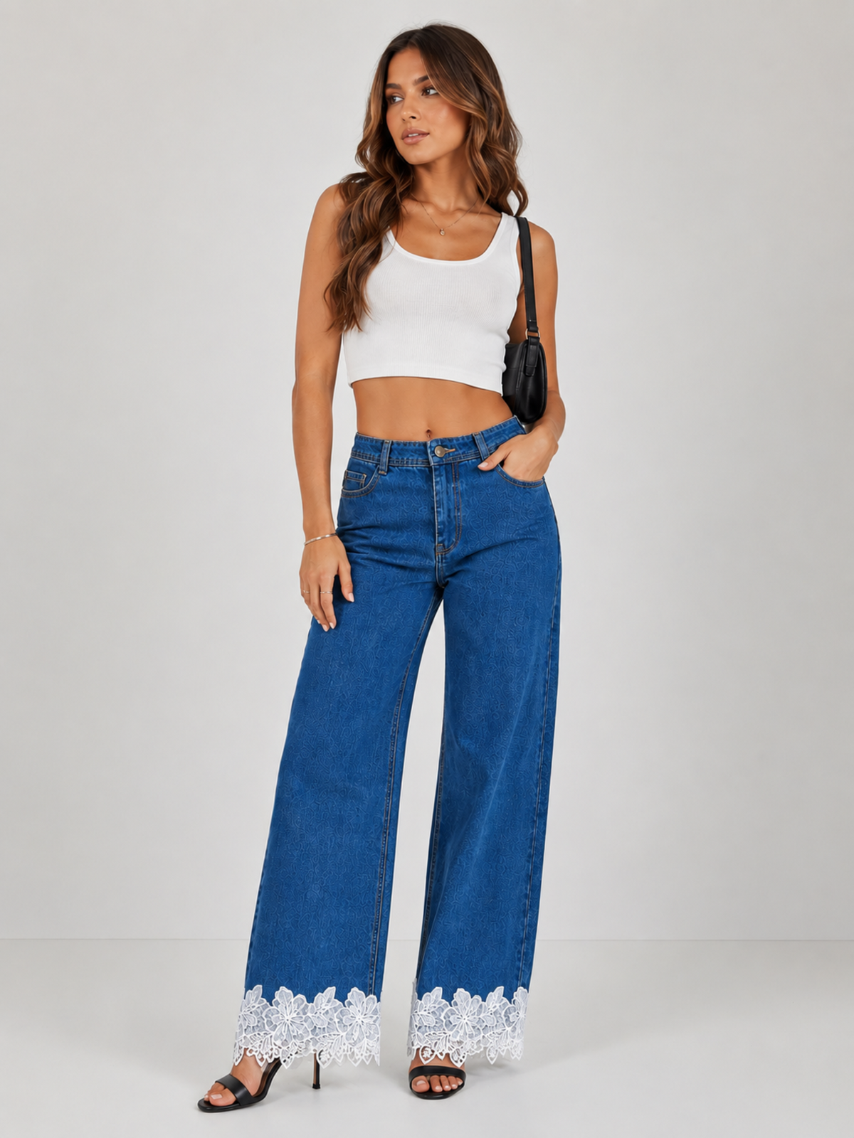 Women’s Blue Bottom Design Wide Leg Denim Jeans with Lace