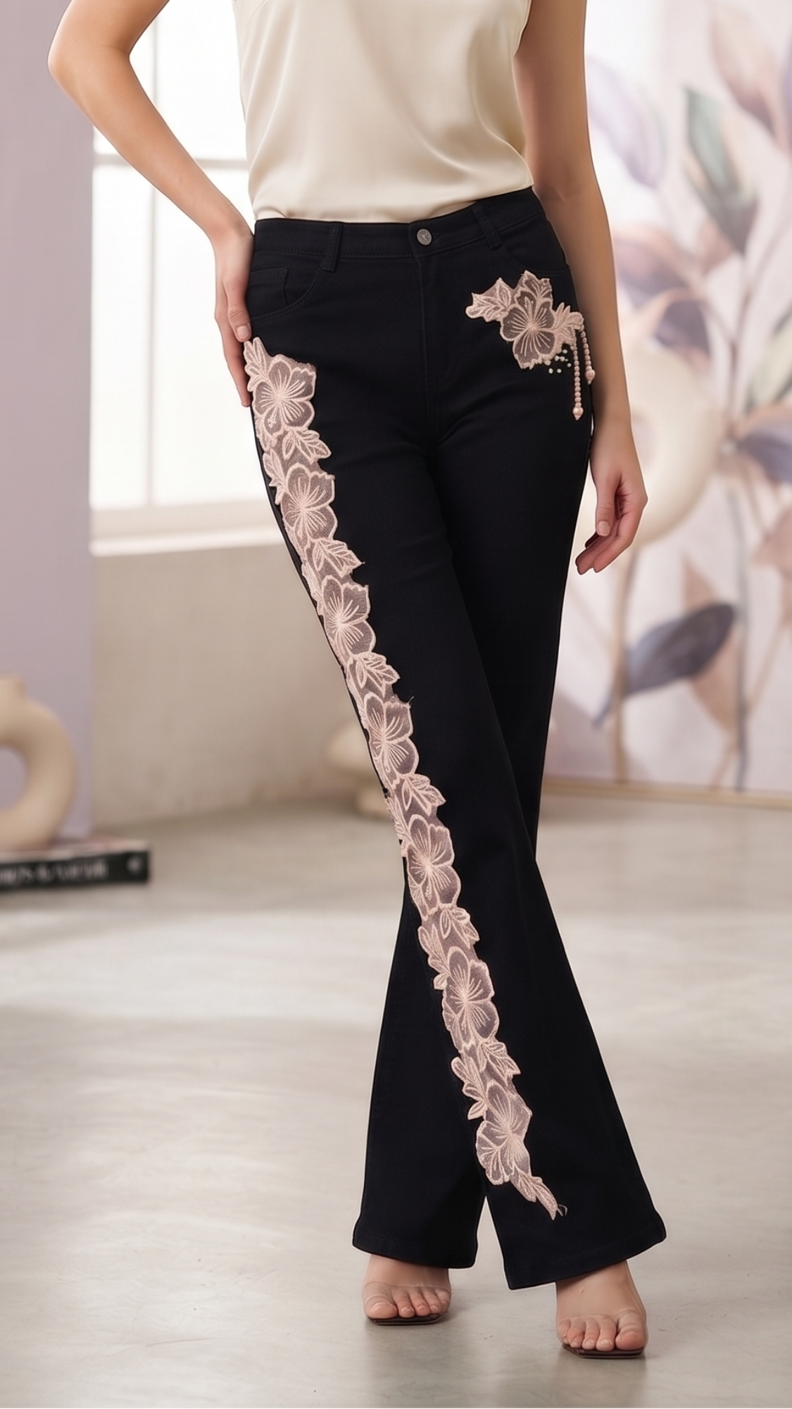 Women’s Black Denim Floral Embroidered Wide Leg Jeans