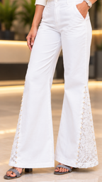 Women’s White Wide Leg Beaded Net Panel Jeans –With Inner Fabric Lining (Astar)