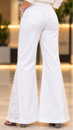 Women’s White Wide Leg Beaded Net Panel Jeans –With Inner Fabric Lining (Astar)